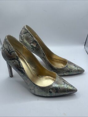 Nine West Metallic Snake-Print Pointed Toe Pumps in Gold and Taupe